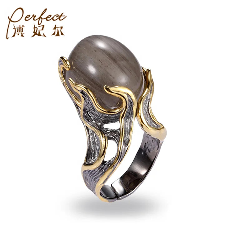 Special Handmade Hairstone 925 Sterling Silver Ring with Black Gold Plated