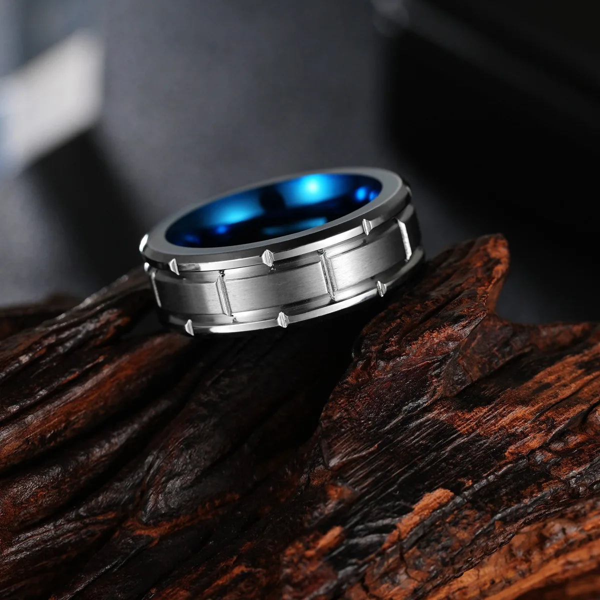 Men's Classic Blue and Steel Tungsten Gemstone Ring Third Party Certified for Engagement