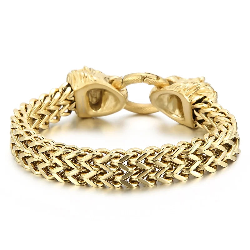 VIKING Mens Lion Head Herringbone Link Bracelet – Silver & Gold