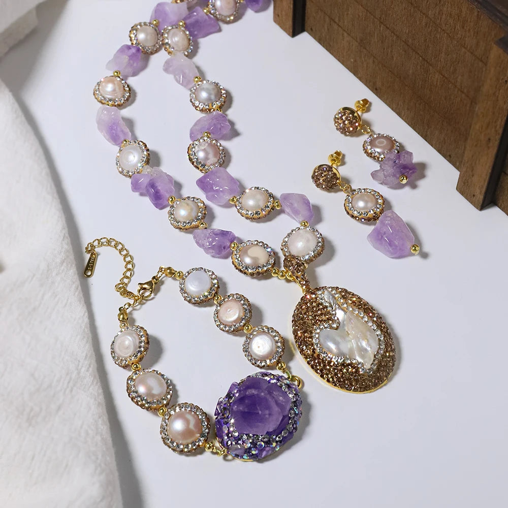 XOTICA Natural Baroque Pearl 18K Gold Plated Women's Gift Jewelry Necklace Bracelet Earrings Fashion Designer Jewelry Set