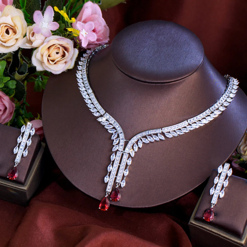 Statement White and Red Cubic Zirconia Stone Luxury Jewelry Set for Women Banquets Dates Parties Necklace Earrings Gifts