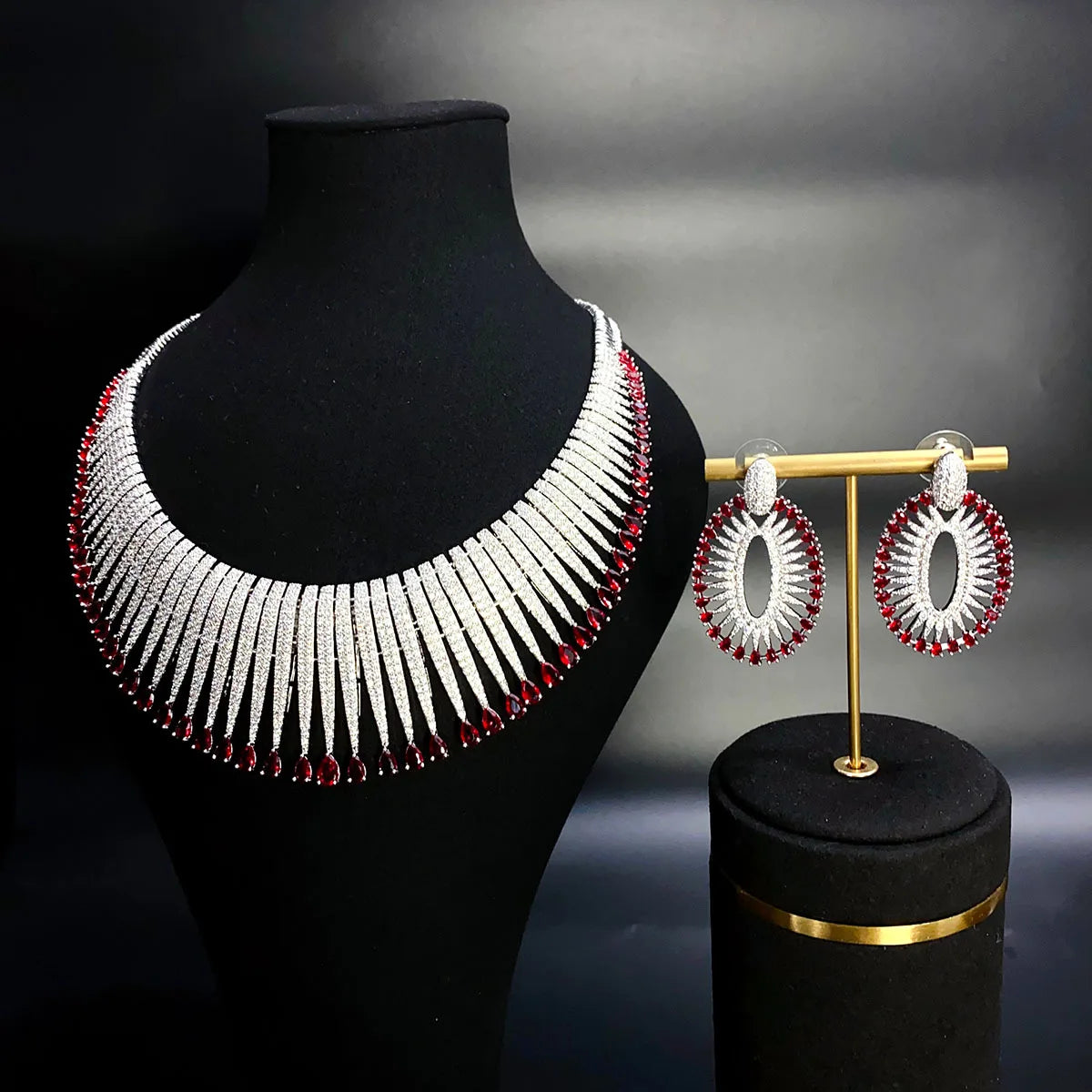 Luxury Full-Paved Zirconia 2-Piece Nigerian & UAE Dubai Geometric Necklace & Earrings Bridal Set — Rhodium Plated