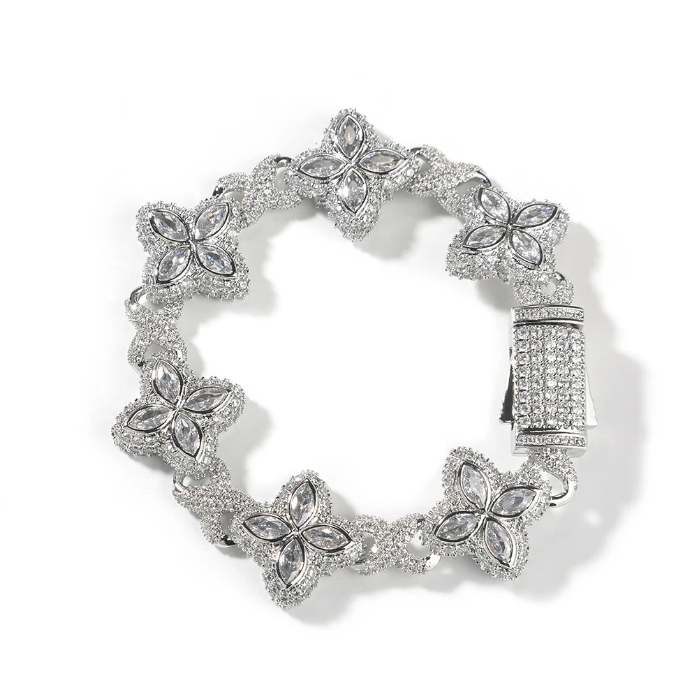Fashion Hip Hop Jewelry 20mm Rose Gold Brass AAAAA CZ Colored Diamond Four Leaf Clover Infinity Link Bracelet