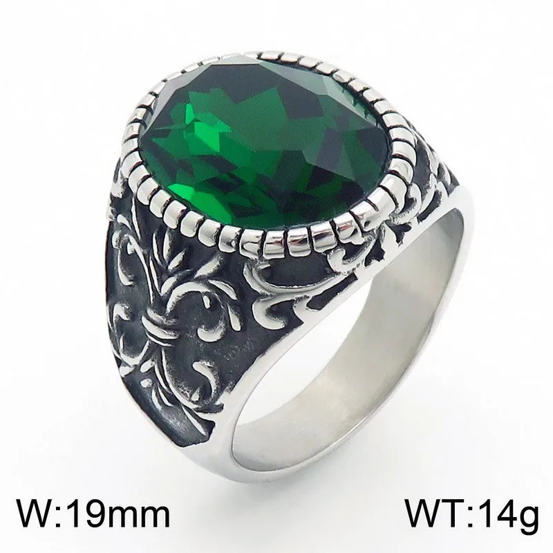 Kalen Vintage Viking Jewelry Luxury Court Style Gemstone Carved Zircon Inlays Stainless Steel Men Rings