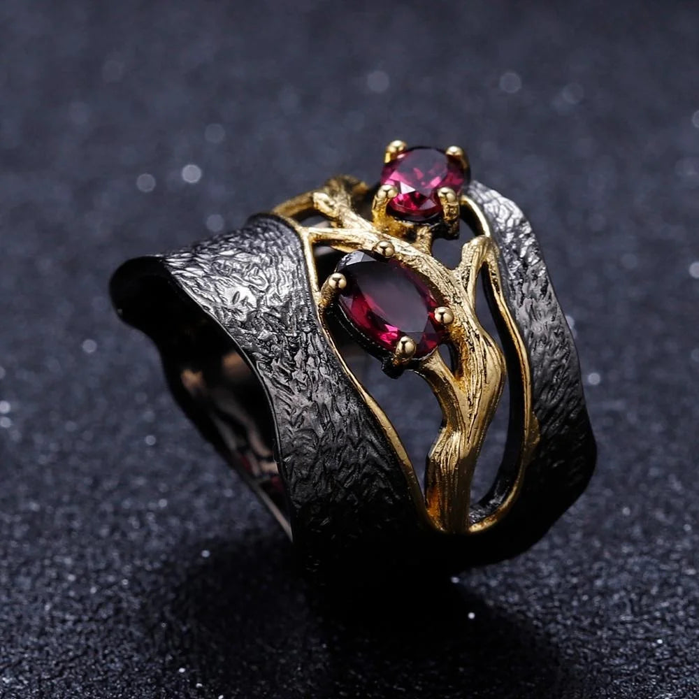 ArtistA Abiding 925 Sterling Silver Gold Plated & Black Gun Plated Handmade Flower Branch Natural Rhodolite Garnet Women Jewelry Set