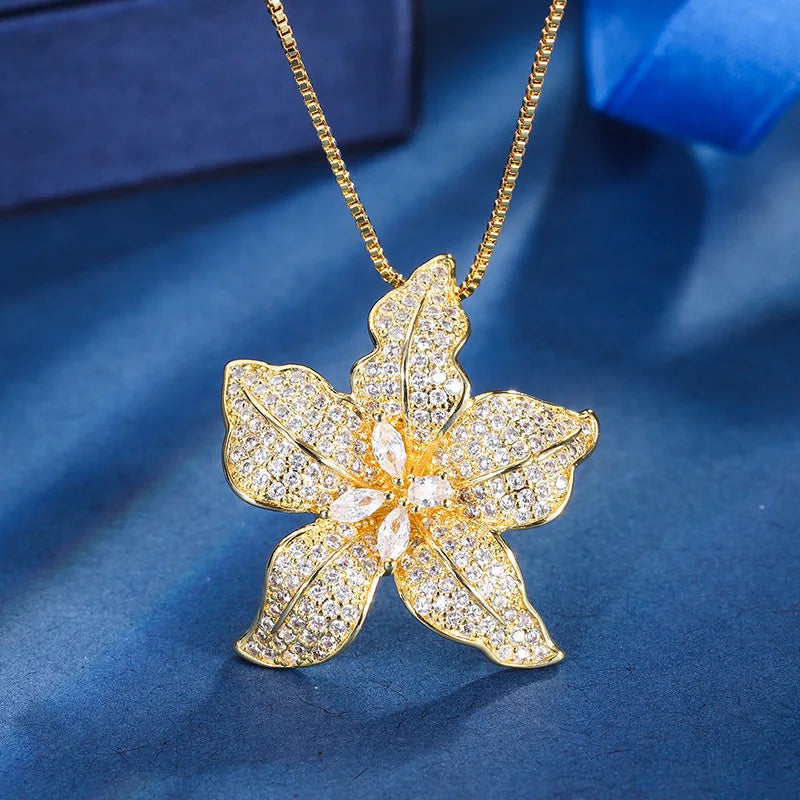 Gemfiori European and American Fashion Flower Ring Pendant Personalized Temperament Lily Elegant Set Sweet Wind Jewelry