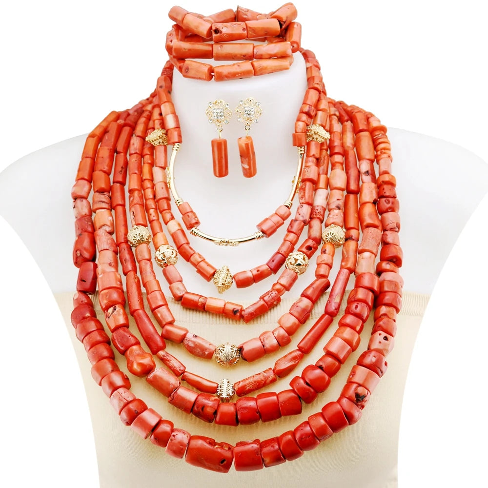 Zhuerrui Bohemian Style Women's Coral Jewelry Dubai Bridal Wedding Set 6-Strand Necklace and Bracelet Two-Piece Set YL701