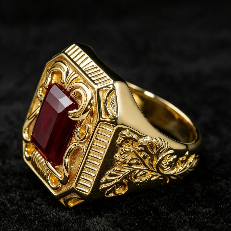 Gemfiori Fine Jewelry S925 Silver 14K Gold Plated Ruby Ring Vintage Carved Rectangle Red Gemstone Ring Wide Band Ruby Ring for Men