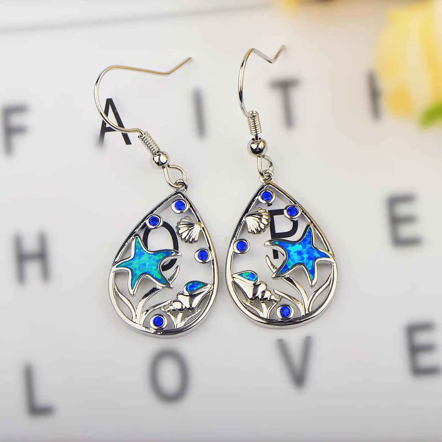 Ocean-Themed Teardrop Opal Drop Earrings - Blue Fire Opal Starfish & Shell Detail | Beach-Chic Daily Jewelry Bulk Gifts