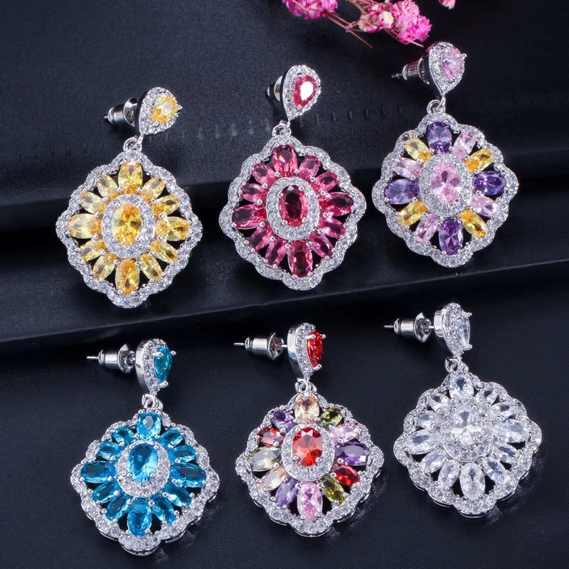 XOTICA Luxurious 925 Silver Drop Earrings for Women Multicolor Zirconia Wedding & Party Jewelry Earings-for Gift