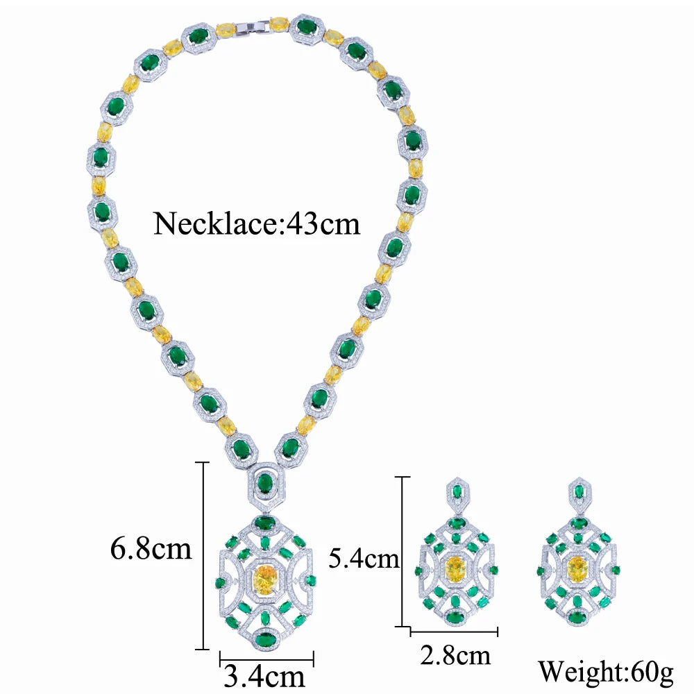 Super Luxury Yellow Green Zirconia Wedding Banquet Big Chunky Necklace and Earrings Bridal Party Costume Jewelry Sets for Women