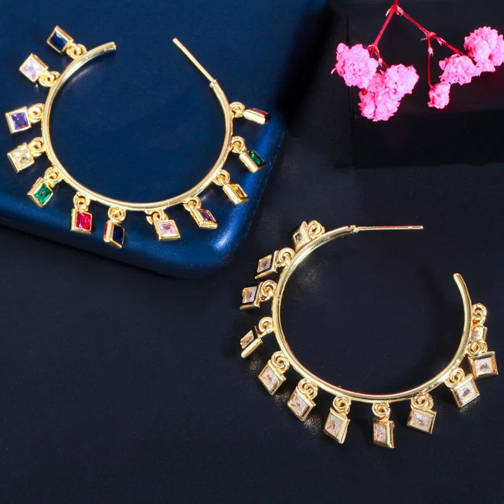 S&S Rainbow Square CZ Charm Hoop Earrings – 18K Gold Plated – Multi & White – Collection
