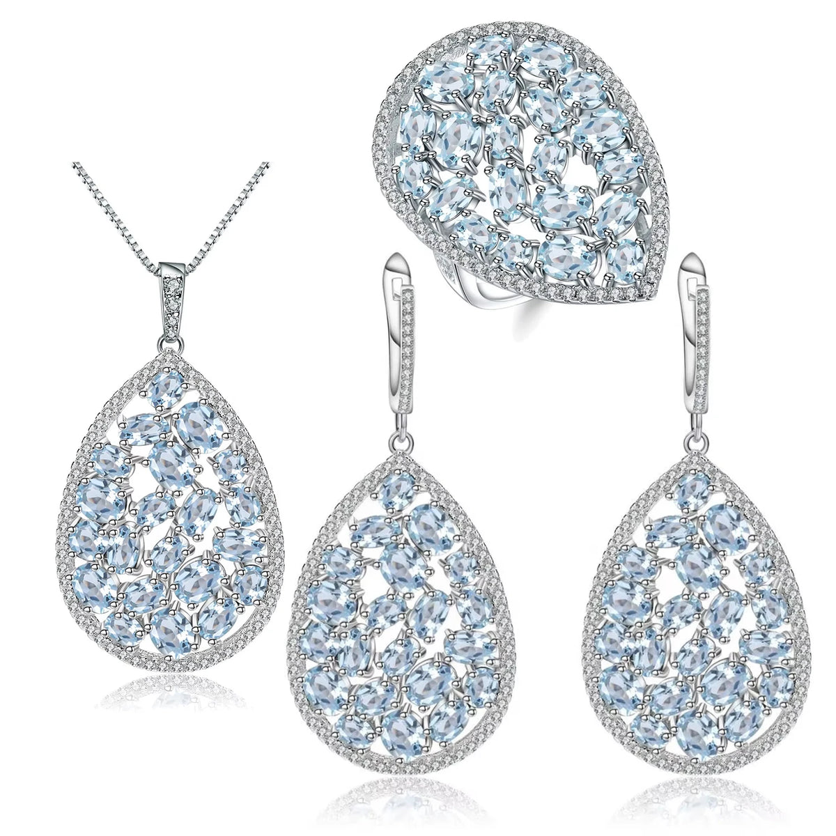 ArtistA A852 Abiding Factory Dainty 925 Silver Pear Waterdrop Shape Fancy Oval Cut Natural Sky Blue Topaz 3 Piece Jewelry Set