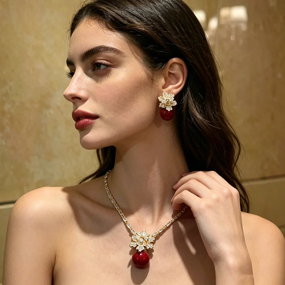 XM S418 Gold Plated Snowflake Crystal & Red Round Pearl Pendant Necklace & Drop Earrings Set