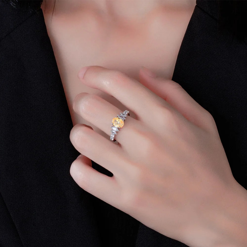 SILVERELLI Egg-Shaped Yellow Diamond Ring | 925 Sterling Silver | High Carbon Diamond
