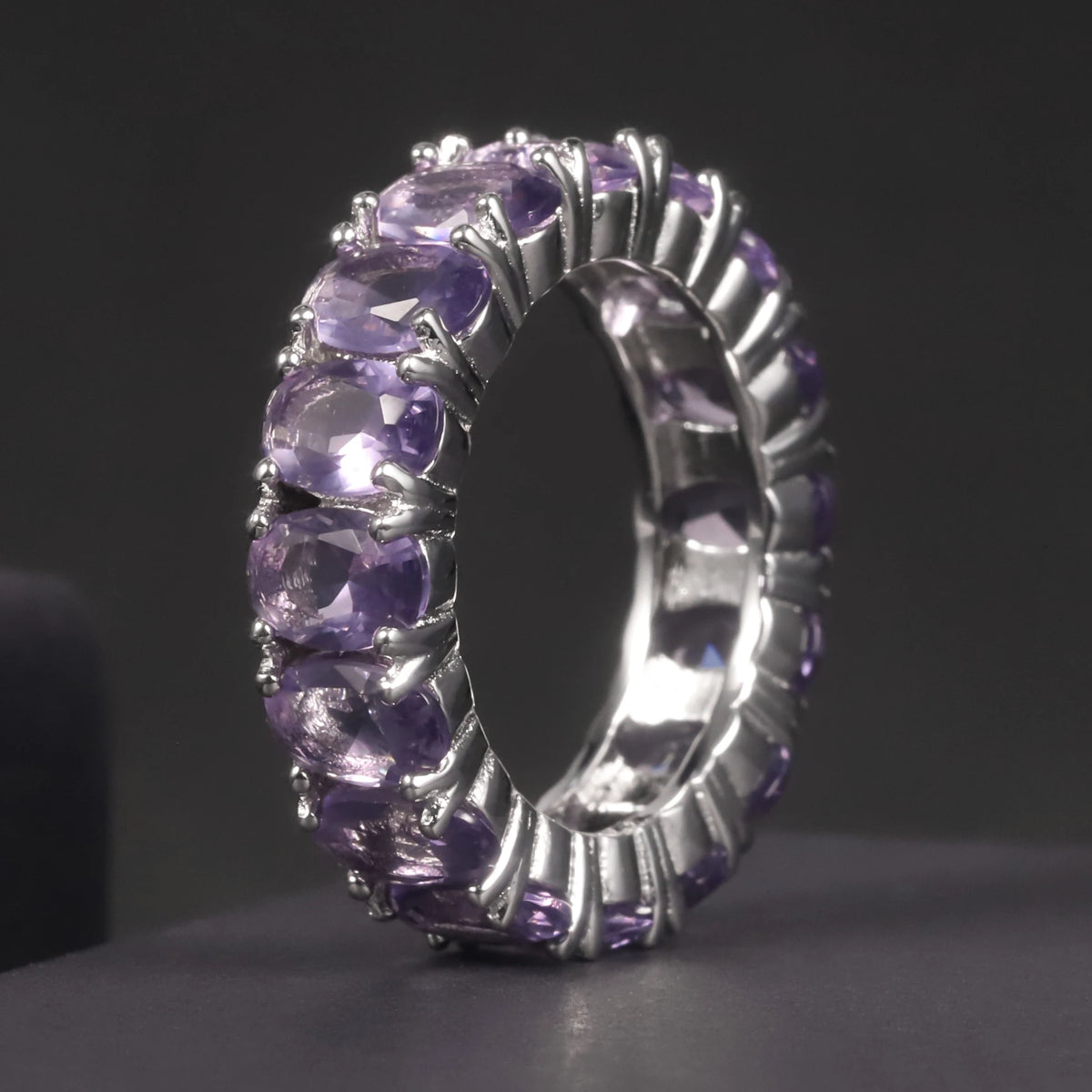 ArtistA C7530 Abiding Oval 4*6MM Colored Gemstone Eternity Band Glass Blue Sapphire Emerald Cubic Zirconia 925 Silver Band Ring