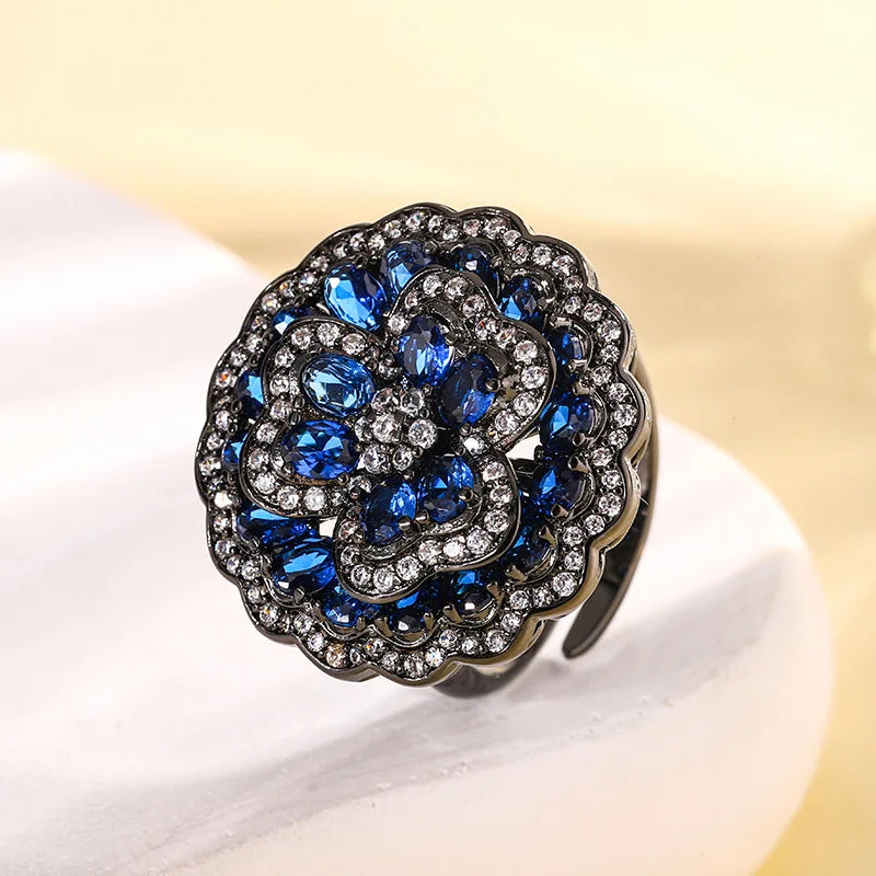 Gemfiori French Elegant Blue Flower Pendant Ring Earring Set Retro Niche Design Camellia Jewelry