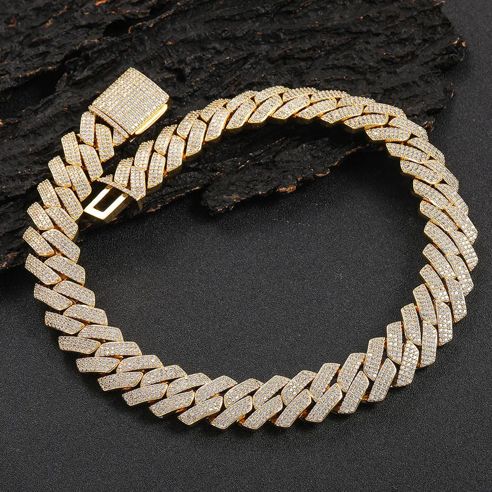 BiG-BOSS Men Hip Hop Jewelry 20mm 3 Rows Gold Chunky Necklace Iced Out Cz Prong Cuban Link Chain Necklace Diamond Cuban Chain