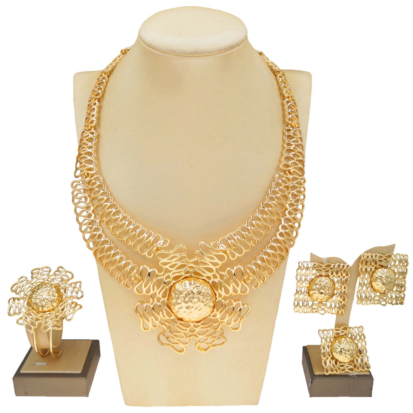 Zhuerrui New Fancy Jewelry Set Nigerian Wedding Ladies Four-Piece Double Copper Ring Chain Ring Bracelet French EleganceH00785