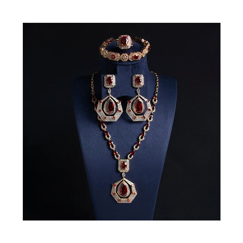 Luxury Round Brilliant-Cut Zirconia 4-Piece Gulf Bridal Set — Necklace, Bracelet, Earrings & Ring — Rhodium & Gold Plated