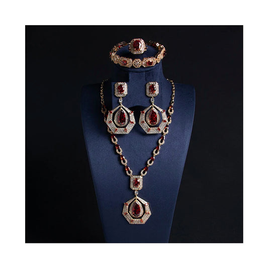 Luxury Round Brilliant-Cut Zirconia 4-Piece Gulf Bridal Set — Necklace, Bracelet, Earrings & Ring — Rhodium & Gold Plated