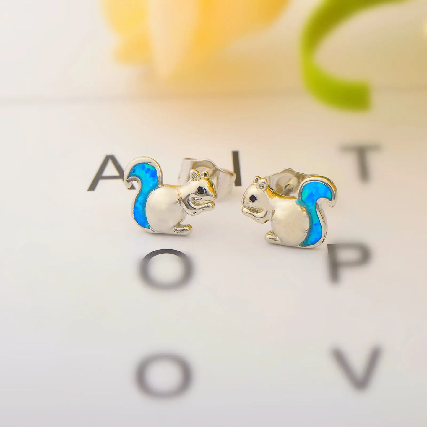 Squirrel  Earrings- Multi-Color Opal Tail Silver Plated Cute Business Jewelry for Women Wholesale