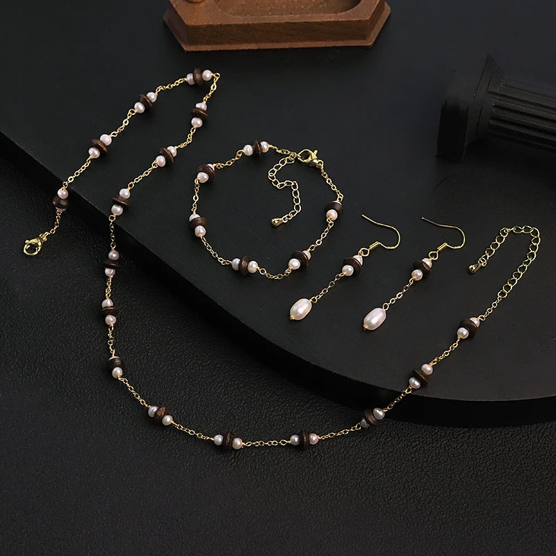 Natural Freshwater Pearl Tiger Eye Jewelry Set for Women Daily Wear Dating Necklace Bracelet Earrings Set