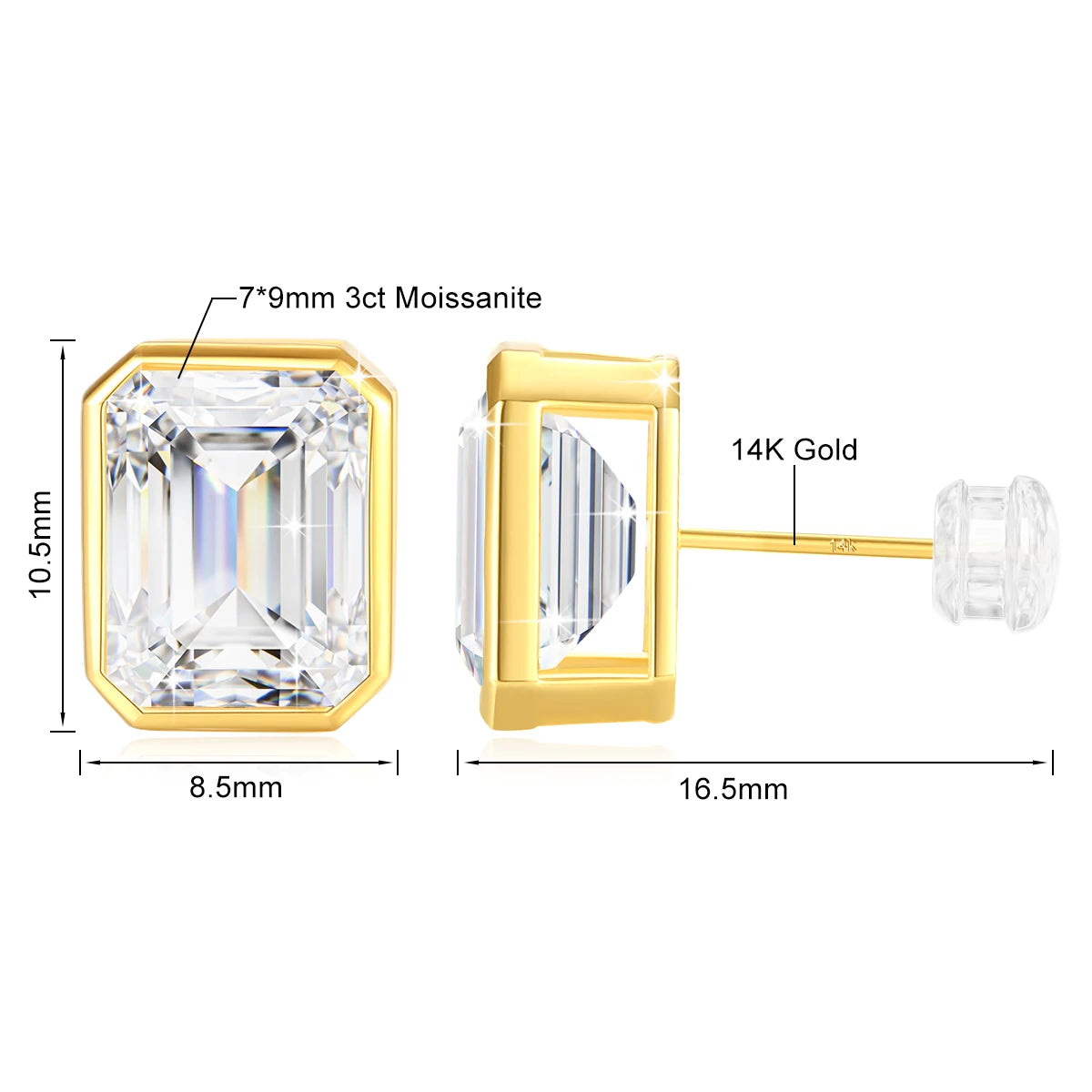 Gioiellieri Luxury Woman Engagement Jewelry Gift Classic Bezel Emerald Moissanite Stud Earrings 14K Gold Hollow
