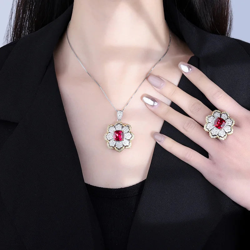 Gemfiori Super Flash Color Treasure Light Luxury Premium Pomegranate Red Pendant Ring Set Cold Style Charm Jewelry