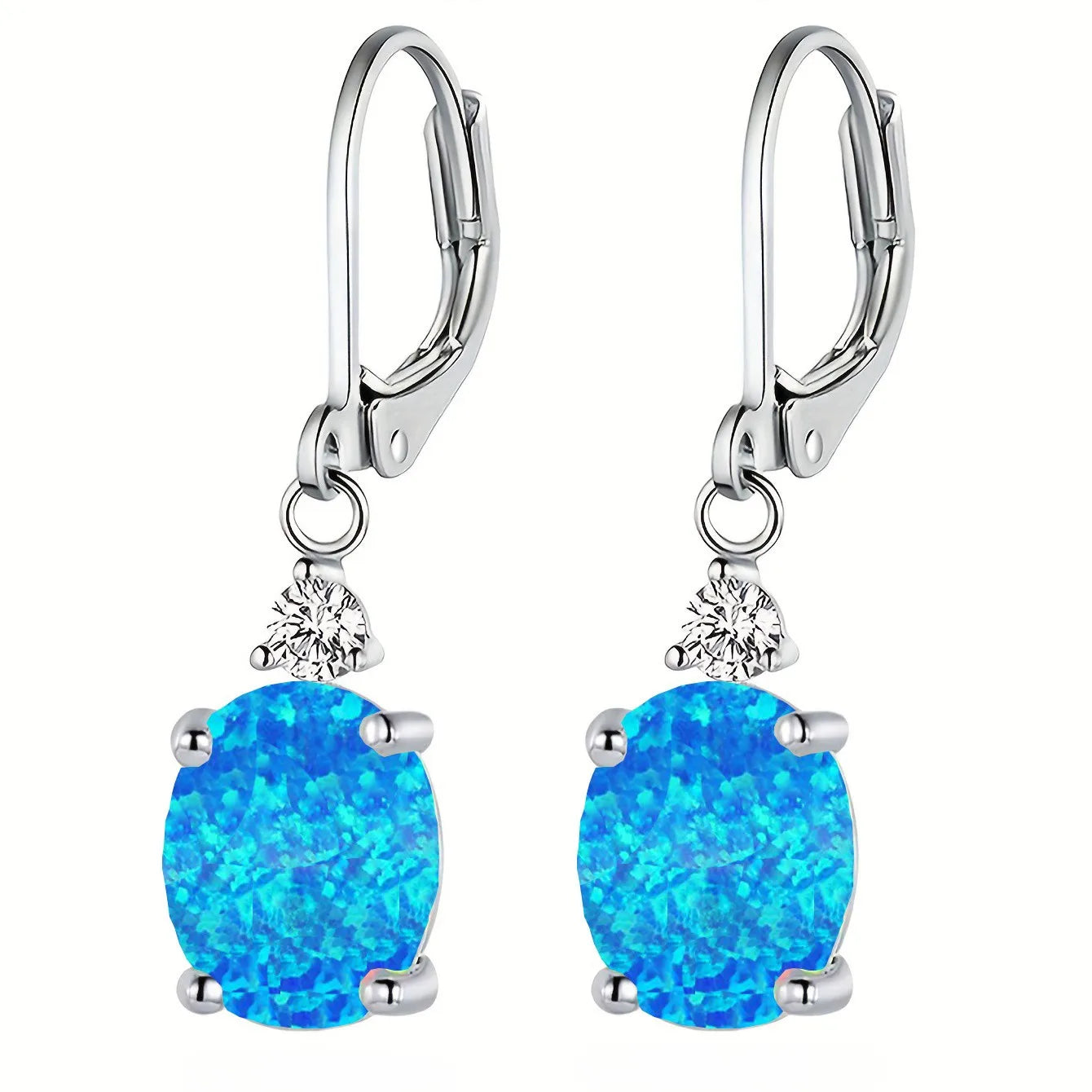 Statement Oval Opal Drop Earrings - Blue Fire Opal Solitaire & CZ Accent Design | Elegant Formal Jewelry Bulk Gifts