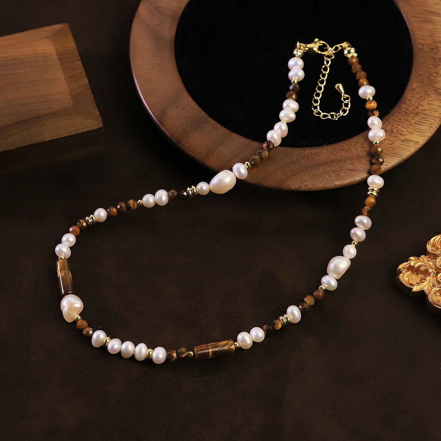 Natural Freshwater Pearl Tiger Eye Beaded Necklace for Women Boho Daily Party Birthday Gift Vintage Necklace Fashion Jewelry