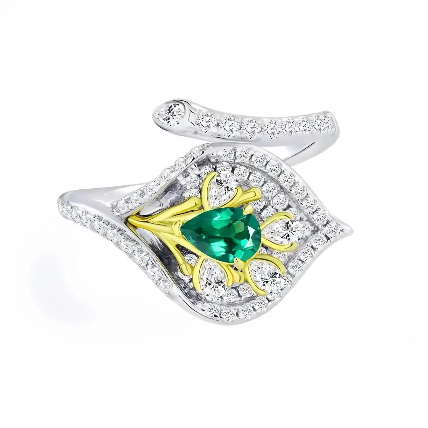 MUSHAN Open Adjustable 925 Sterling Silver Rhodium Plated Engagement Bands with MGI Lab Grown Emerald Gemstone Ring