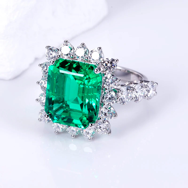 Gemfiori MSR-1510 18K White Gold Luxury Engagement Ring 11x13mm Emerald Cut Lab Emerald Stones Lab Grown Diamond Ring