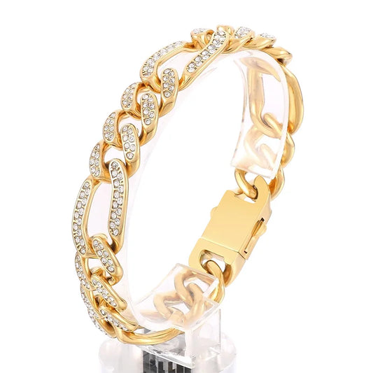 KALEN 210mm Unisex Vintage Gold/Silver Color Stainless Steel&Rhinestones Links Bracelets