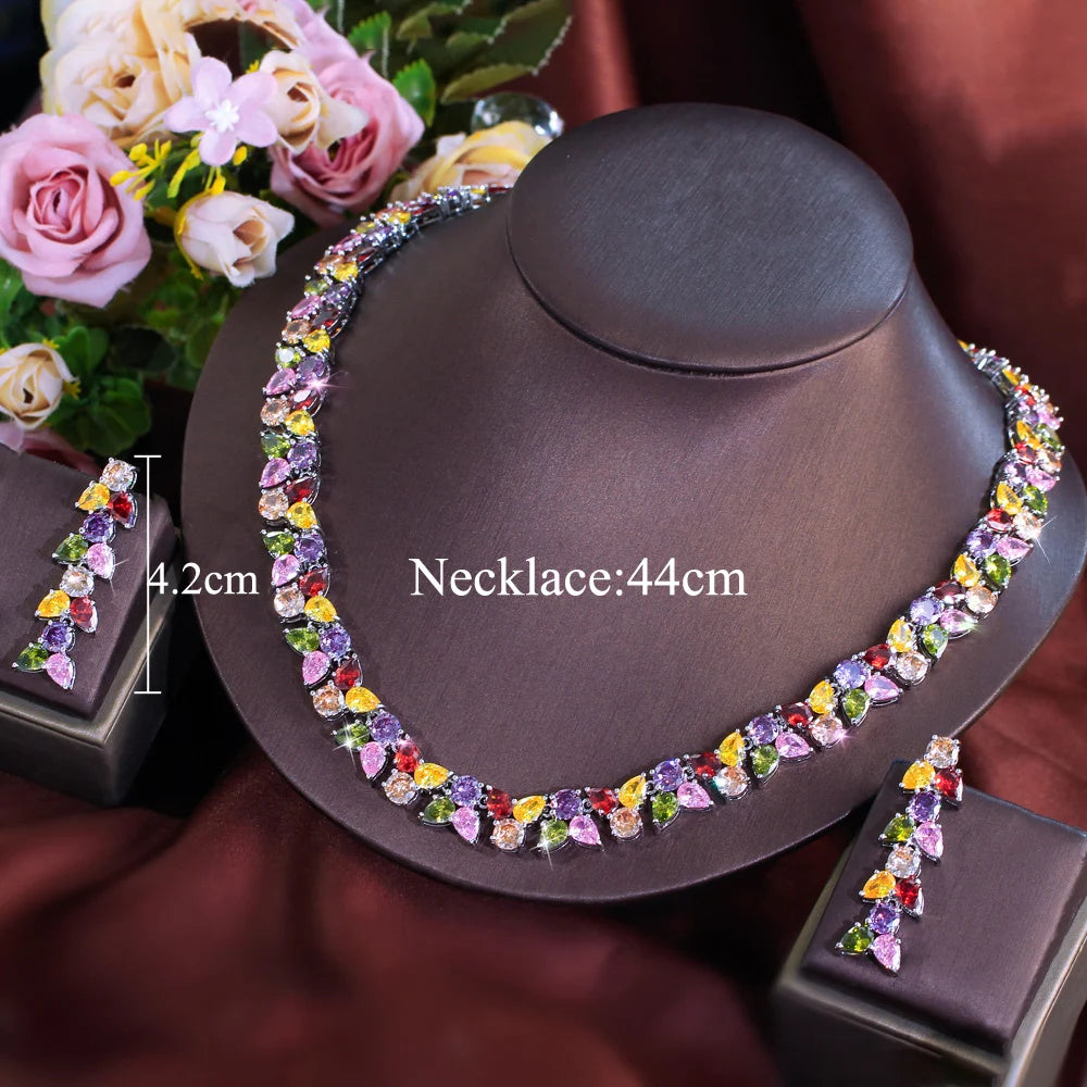 Super Luxury Cubic Zirconia Necklace and Earrings Set Women Colorful Jewelry Set for Party Prom Wedding Dress Accessories