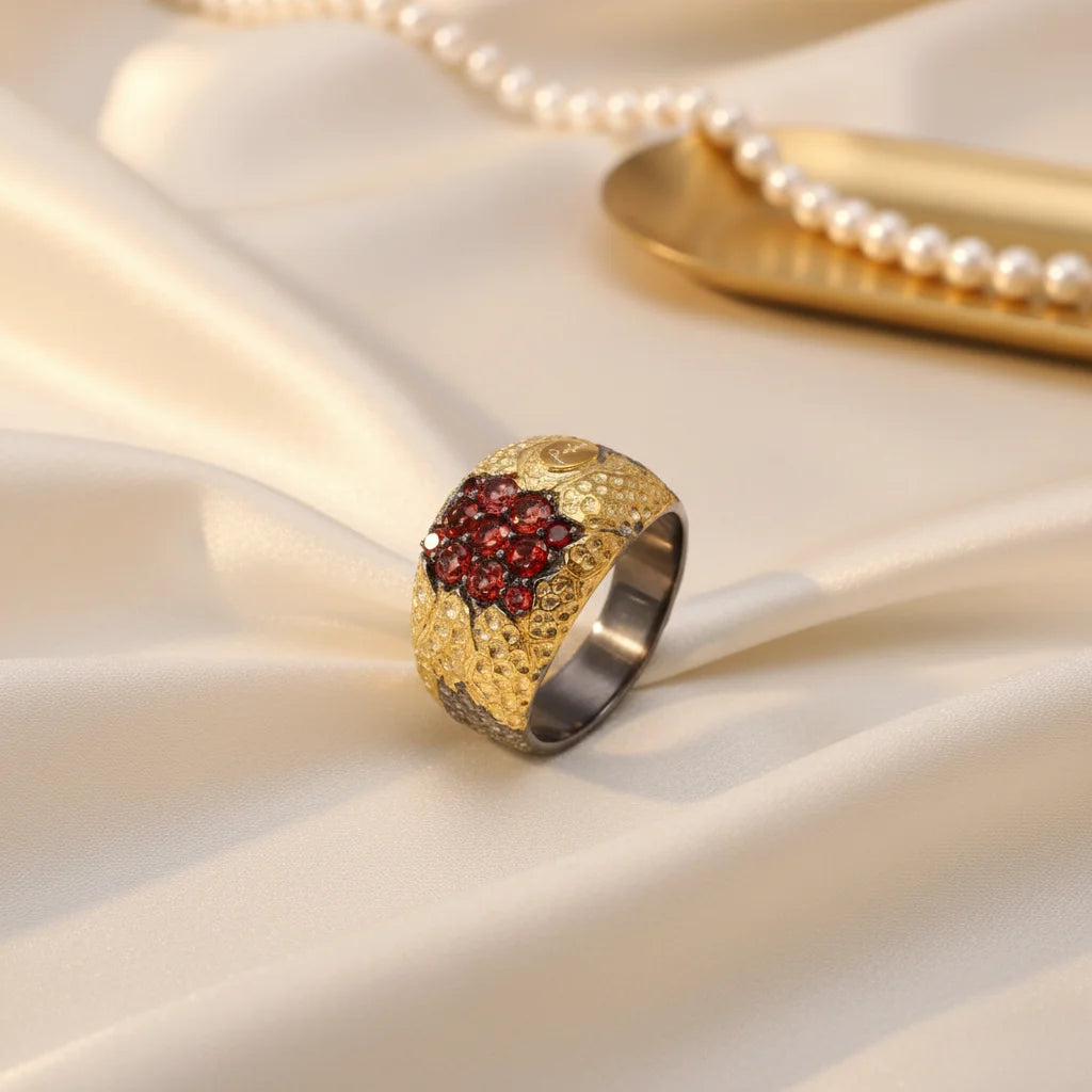 New Design Italy Style Garnet Stone 925 Sterling Silver Ring with Gold Plated