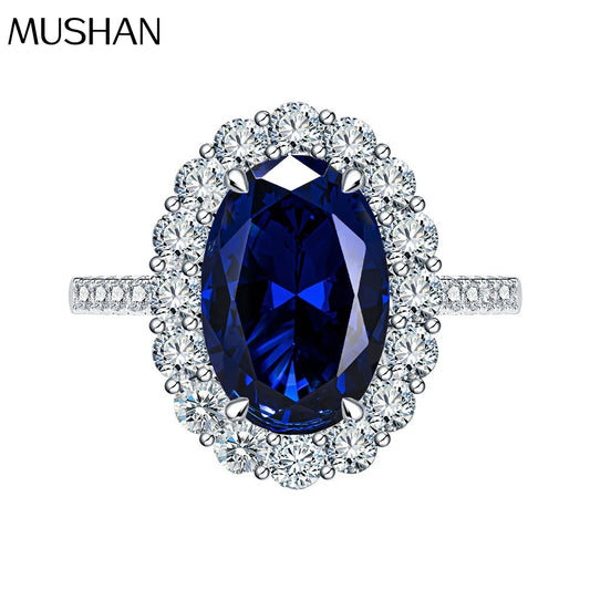 MuShan Jewelry Factory 4.4 Carat European and American Classic Artificial Sapphire 8 * 12 Oval 925 Sterling Silver Ring