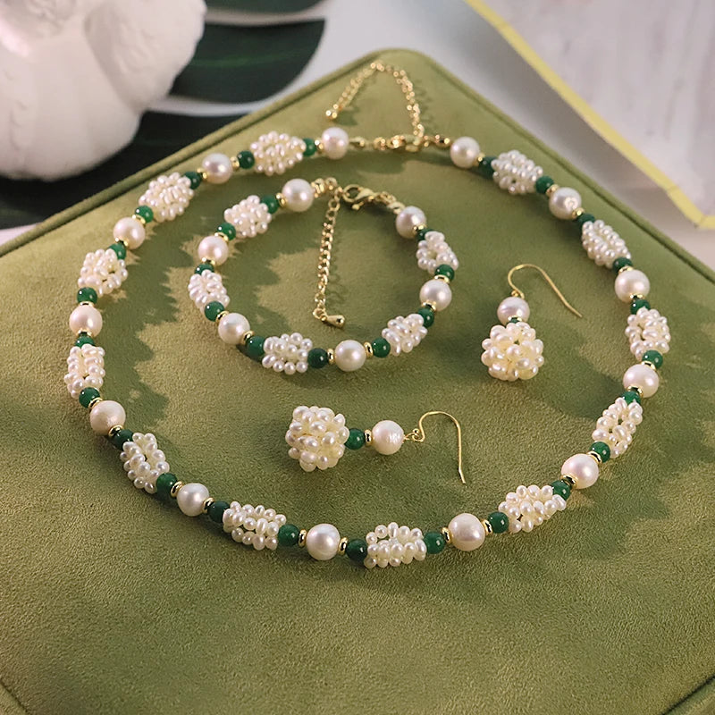GLSEEVO Natural Pearl Ball Green Natural Stone Jewelry Set for Wedding Gift Pearl Bead Necklace Bracelet Earring Fashion Jewelry