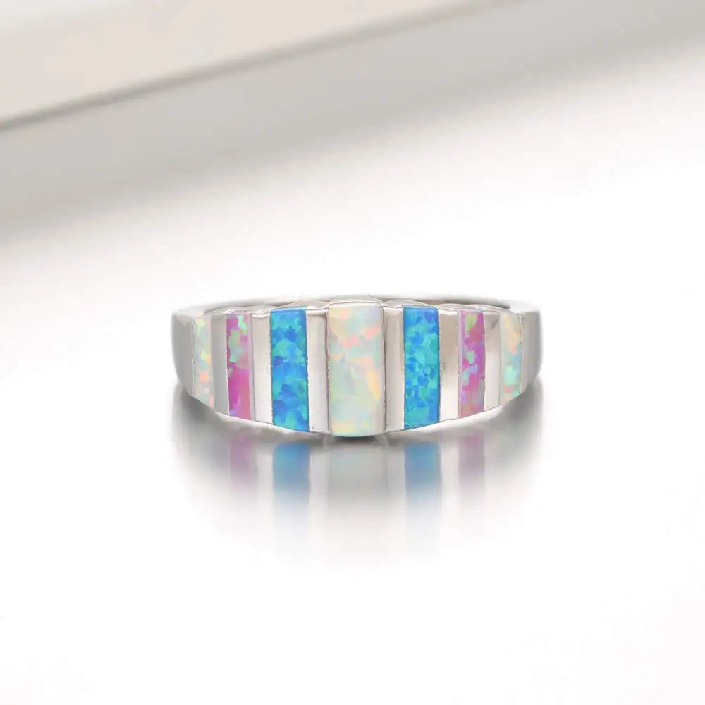 Bohemian Opal Ring Colorful Block Design with Dazzling Rainbow Sparkle