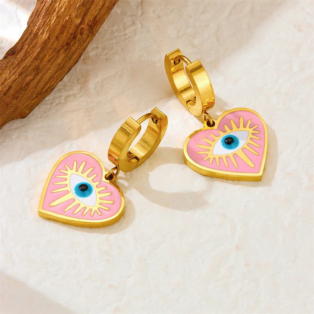 High Quality Fashion Stainless Steel Pink Heart Necklace Earrings and Bracelet Set Women Exquisite Gold Jewelry Set