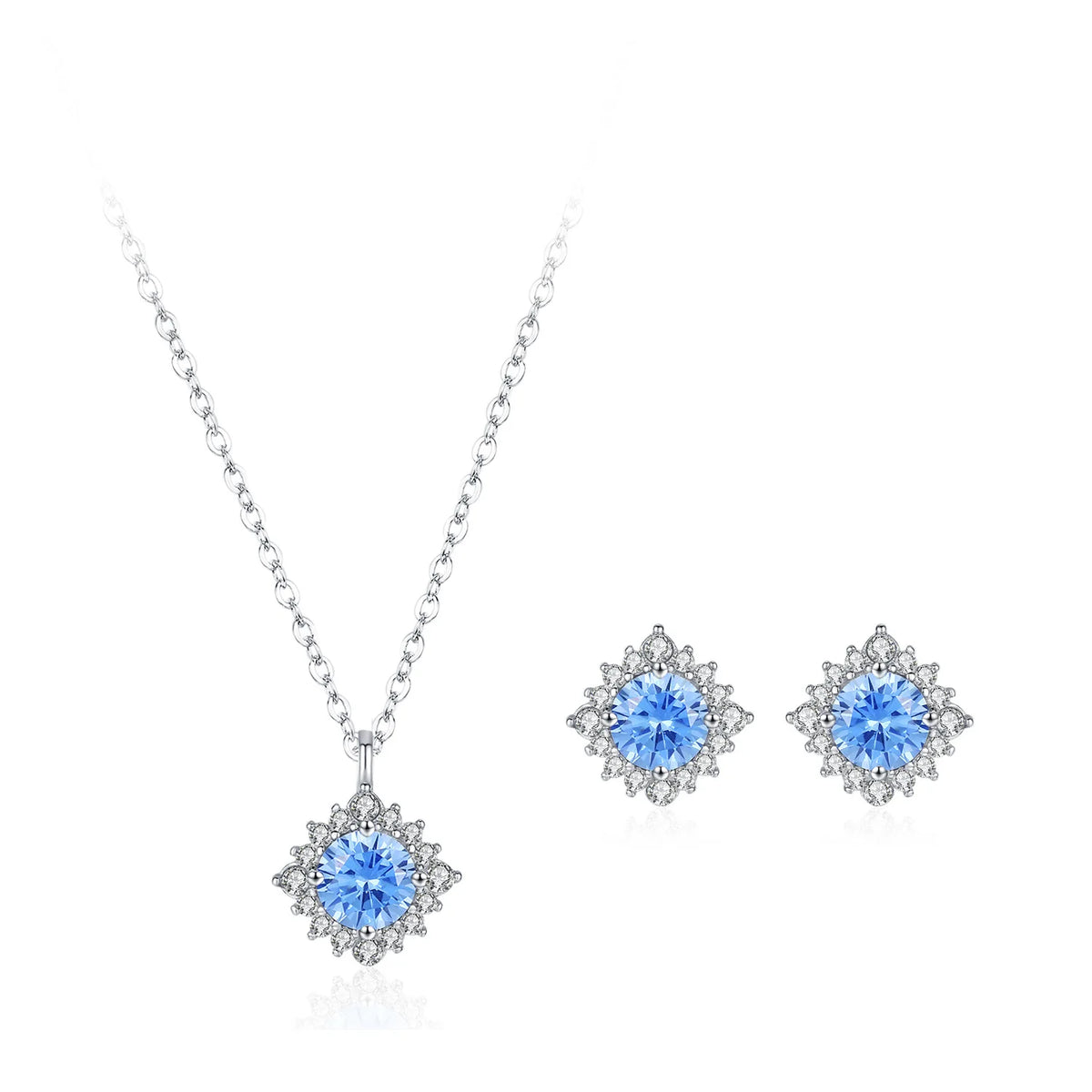 S&S 925 Silver Aquamarine Blue Zircon Necklace & Earrings Set | Sunflower Design | Rhodium-Plated