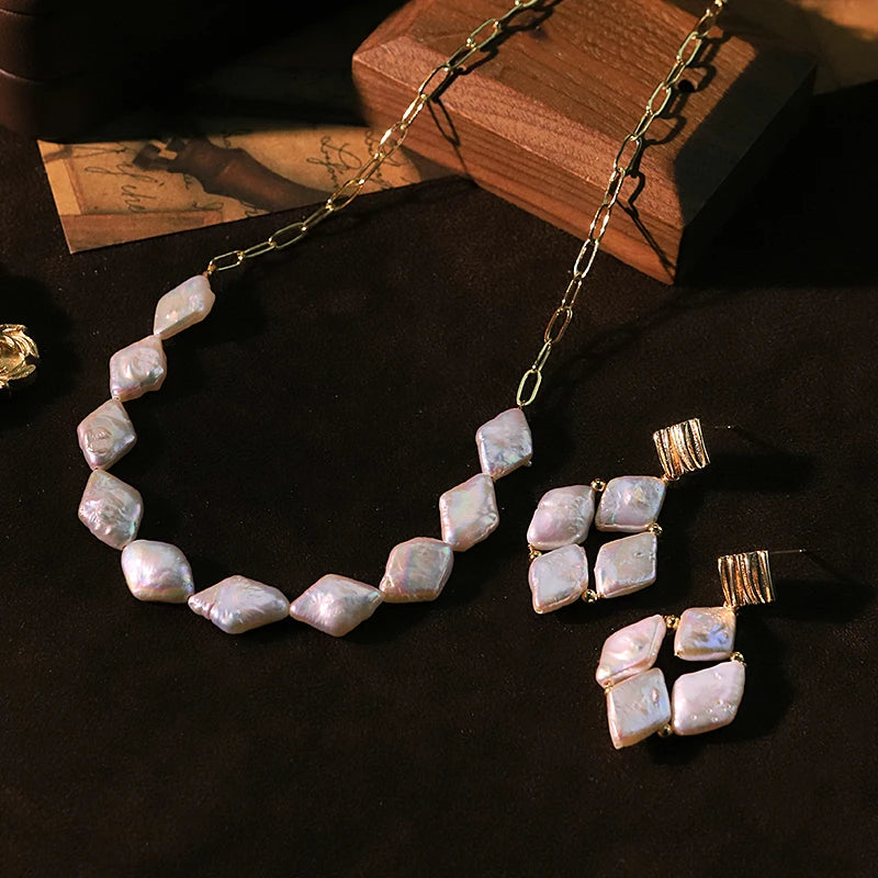 Baroque Natural Pearl Chain Copper Bead Necklace Earring Set Luxurious Design Jewelry Set for Banquet Gift for Women GS0223