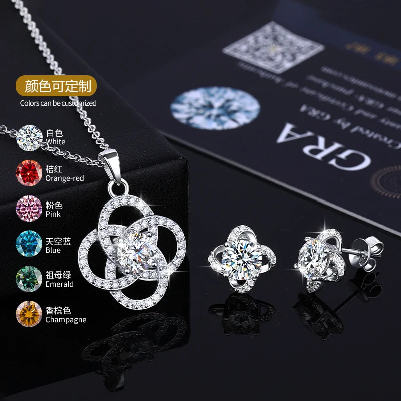 REDheart Trendy S925 Silver Four-leaf Clover Inlaid 1CT Moissanite Pendant Necklace and Earrings for Women Jewelry Set