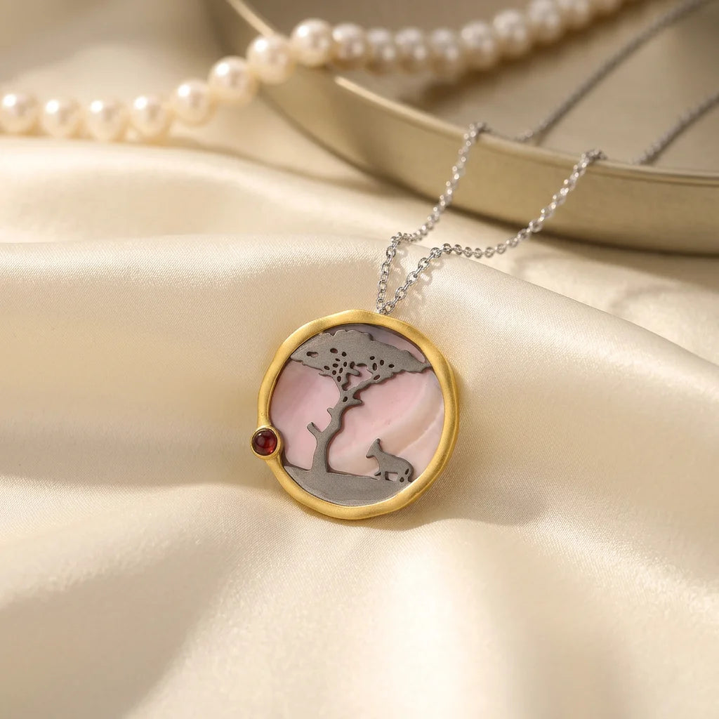 PERFECT Latest 925 Sterling Silver Classic Round 18K Gold Plated Pink Mop Stone Pendant with Garnet RCS Certified Custom Designs