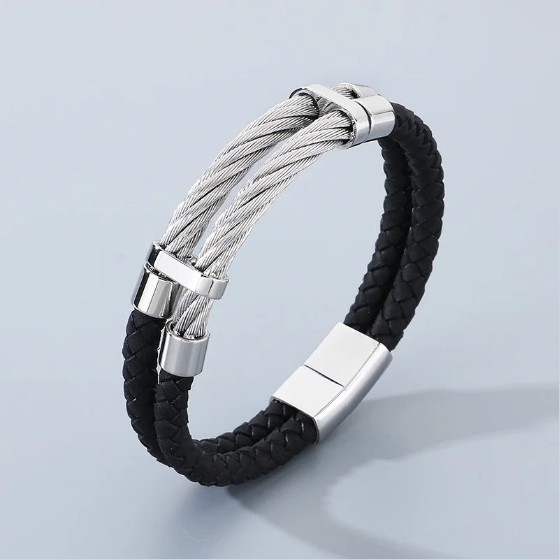 REBEL Trendy Original Unisex Leather Stainless Steel Jewelry Bangle Bracelet