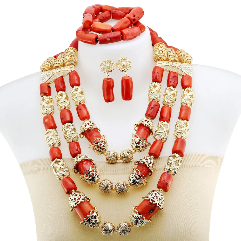 Zhuerrui Elegant Red Coral Beaded Set African Bridal Necklace and Earring Set Suitable for Nigerian Traditional Events YL3119