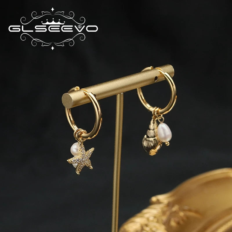 Starfish Sea Snail Natural Fresh Water Pearl Dissymmetry Earring for Woman Original Unique Western Fashion Party Jewelry