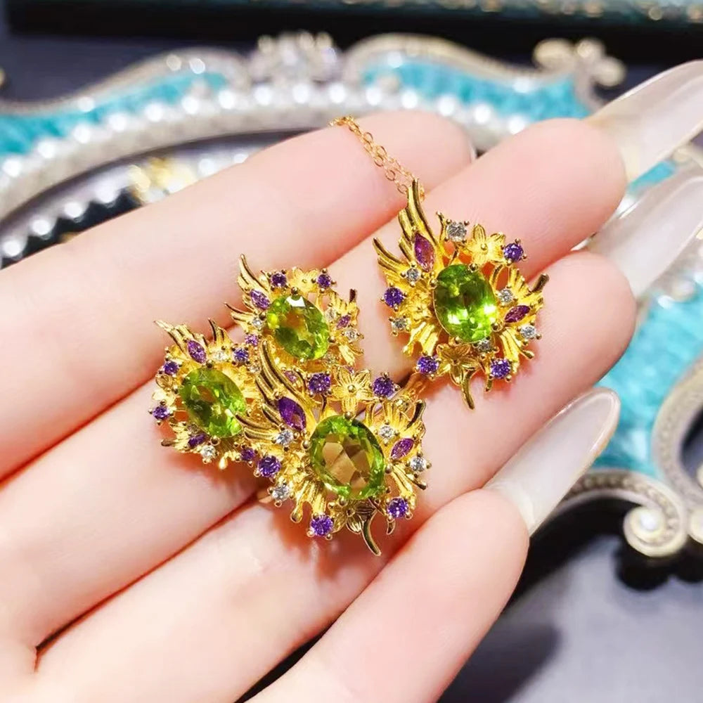 ArtistA Luxury Gold Plated 925 Sterling Silver Natural Peridot Necklace Ring Kids Jewelry Set Wedding Party Birthday Gifts