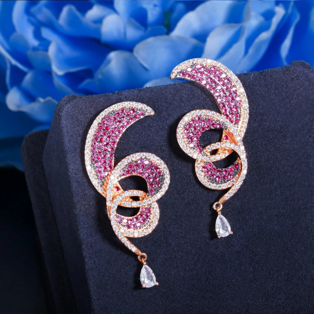 S&S Red CZ Geometric Waterdrop Dangle Drop Earrings – 18K Gold Plated – Collection