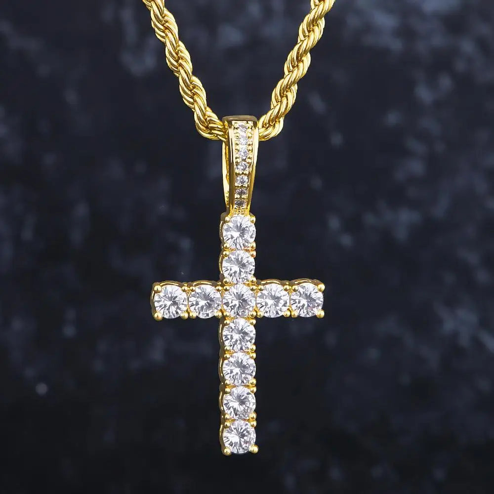 Hotsell Cross Religion Jewelry Charms CZ Rope Chain Women Hiphop 14K 18K Gold Cubic Zirconia Iris Cross Pendant Necklace for Men